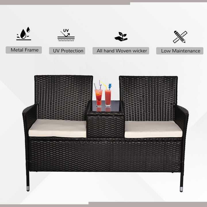 2 Seater Rattan Campanion Chair Wicker Loveseat Outdoor Patio Armchair with Drink Table Garden Furniture - Dark Brown