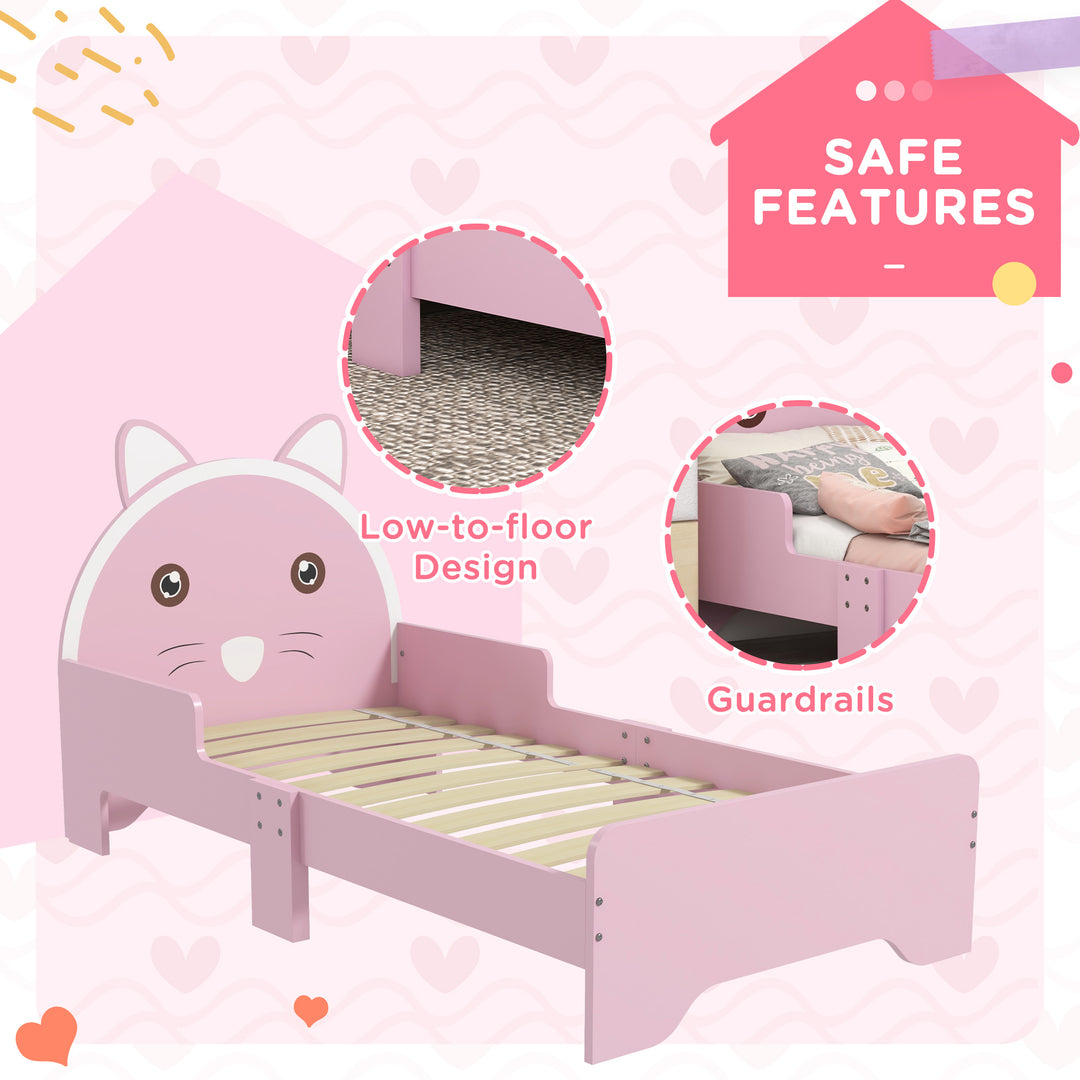 ZONEKIZ Bed for Kids Cat Design Toddler Bed Frame Bedroom Furniture with Guardrails, for 3-6 Years, 143L x 74W x 72Hcm - Pink | Aosom UK