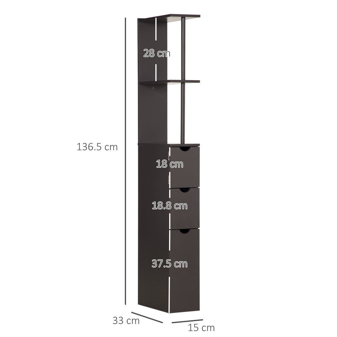 MCL Tall Bathroom Cabinet, Freestanding Bathroom Storage Cabinet with 2-Tier Shelf and Drawers, Narrow Cupboard Storage Unit, Brown