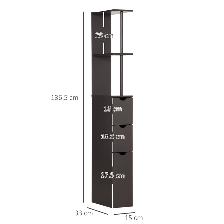 MCL Tall Bathroom Cabinet, Freestanding Bathroom Storage Cabinet with 2-Tier Shelf and Drawers, Narrow Cupboard Storage Unit, Brown