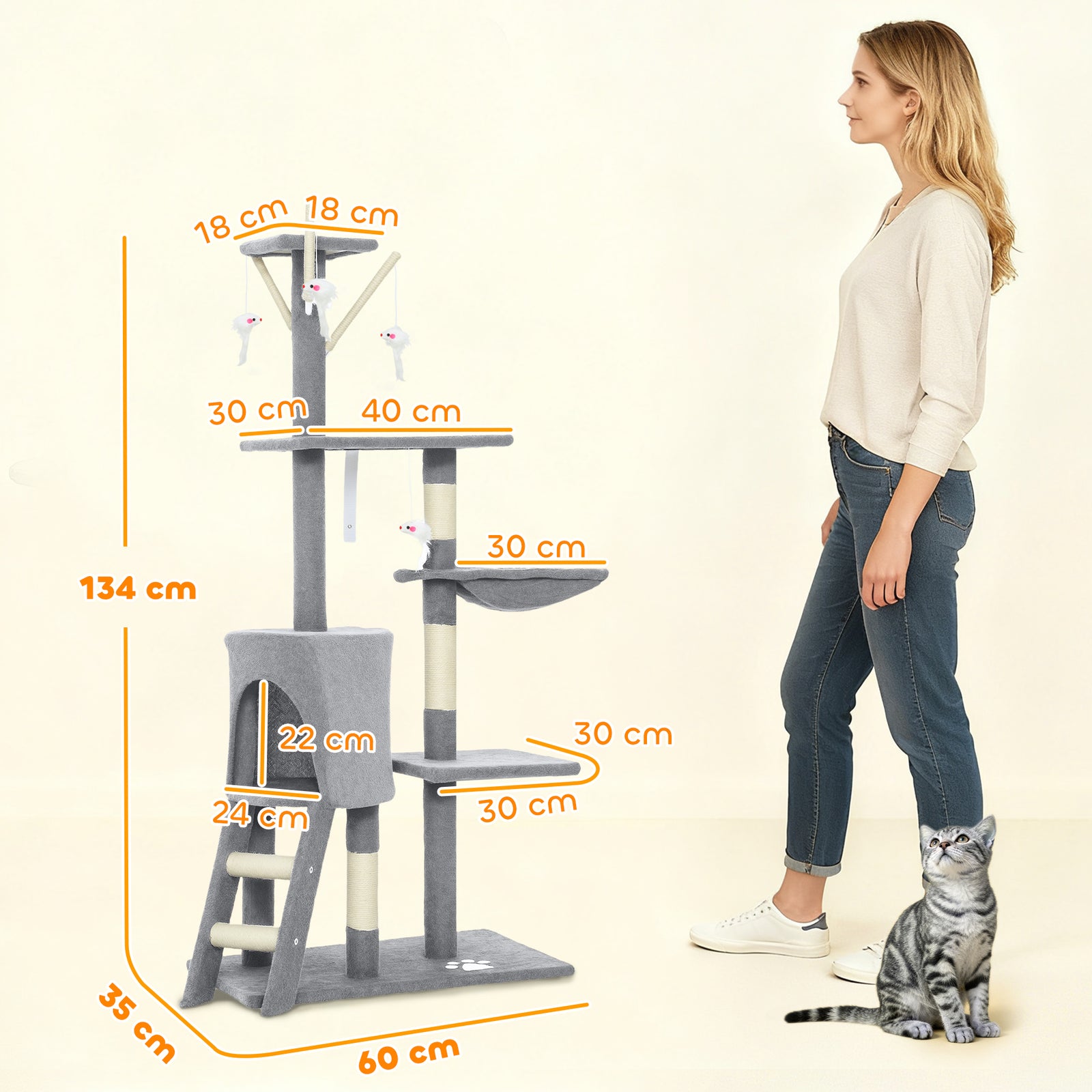 Multi-Level Cat Tower, 134cm Cat Tree with Condo and Sisal Scratching 