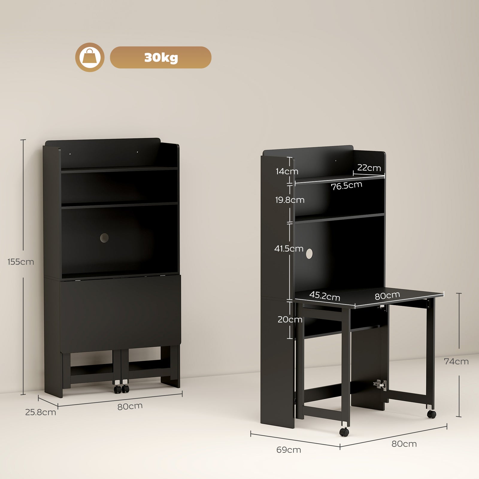 Foldable Desktop, Computer Desk with Storage Shelves, 80 x 69 x 155 cm