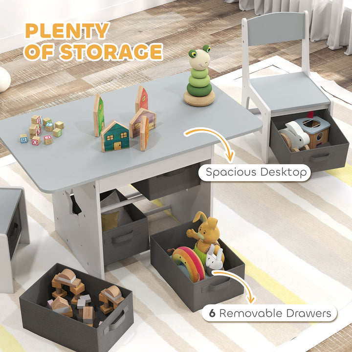 MCL Kids Table and Chair Set, Toddler Table and 2 Chairs Set with 6 Removable Drawers, for Boys Girls Ages 3-8, Light Grey