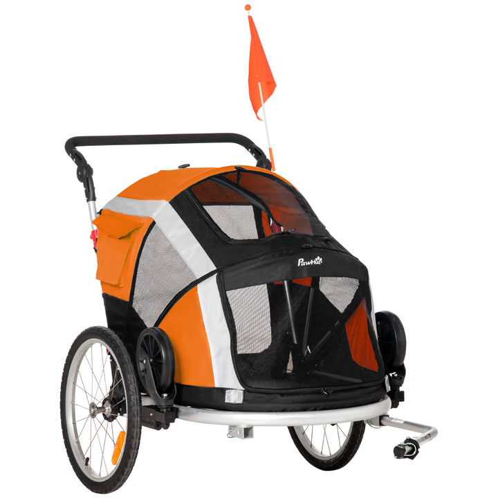 PawHut Dog Bike Trailer 2-in-1 Pet Stroller for Large Dogs Cart Foldable Bicycle Carrier Aluminium Frame with Safety Leash Flag Orange | Aosom UK