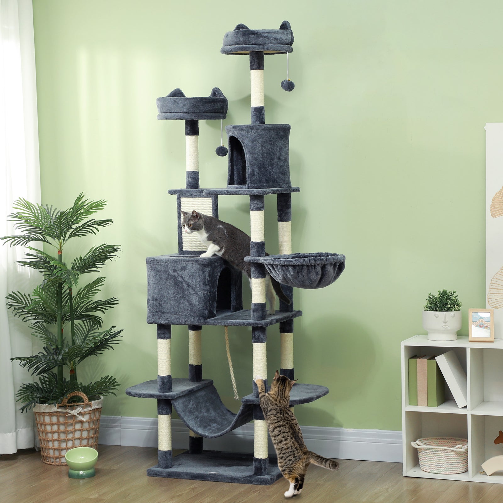 206cm Cat Tree, Multi-Level Cat Tower with Scratching Posts and Board, Beds, Condos, Platforms, Toy Balls, Dark Grey