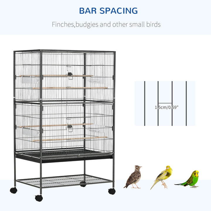 PawHut Large Bird Cage Budgie Cage for Finch Canaries Parakeet w/ Rolling Stand, Slide-out Tray, Shelf, Food Containers, Dark Grey | Aosom UK