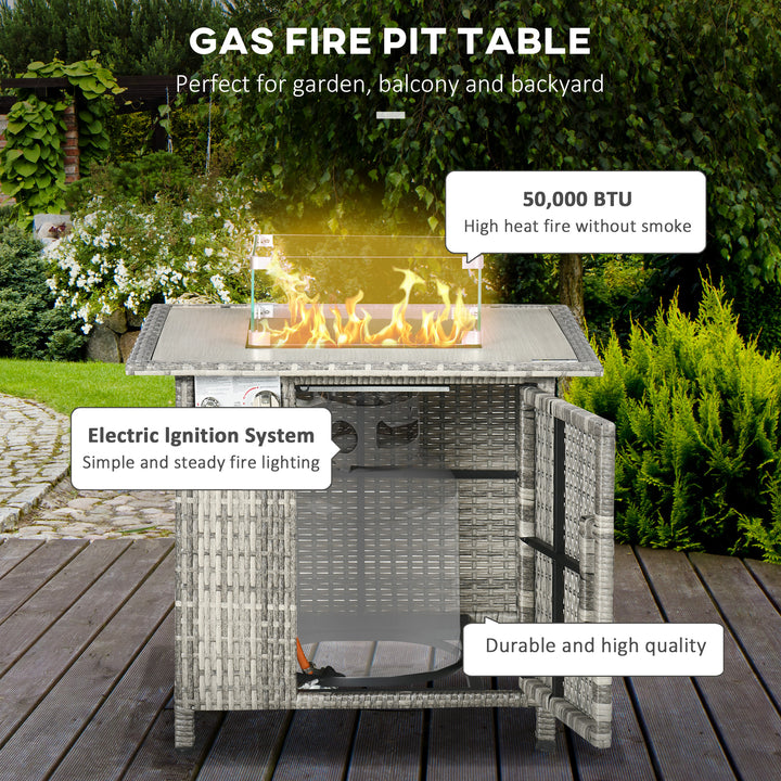 Outsunny Outdoor PE Rattan Gas Fire Pit Table, Patio Square Propane Heater with Rain Cover, Glass Windscreen, and Lava Stone, 50,000 BTU, Grey