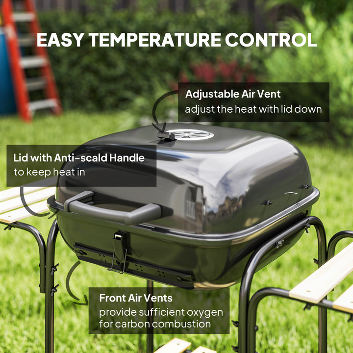 Charcoal Barbecue Grill Portable BBQ Grill with 1840 cm² Cooking Area, 3 Shelves, Adjustable Vent, Lockable Lid, Wheels for Outdoor Cooking, Garden Party, Black