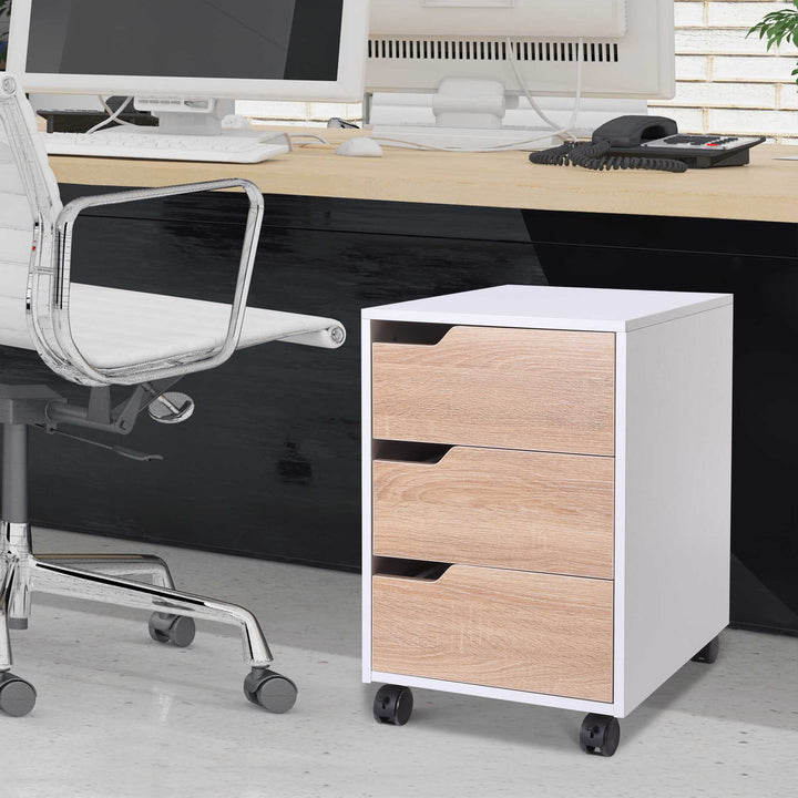 HOMCOM MDF Mobile File Cabinet pedestal with 3 Drawers Lockable Casters Oak and White | Aosom UK