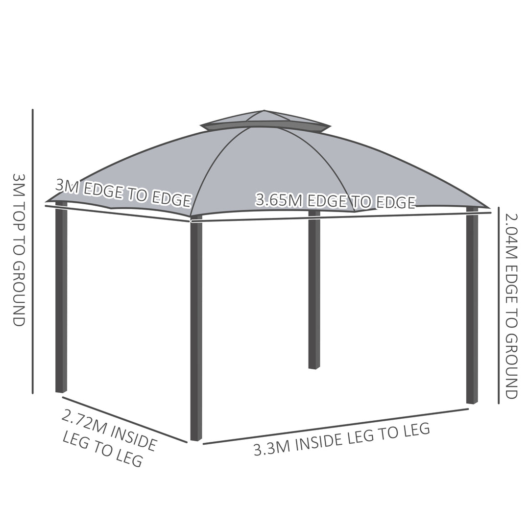 MCL 3.7 x 3(m) Metal Gazebo Canopy Party Tent Garden Patio Shelter with Netting Sidewalls & Double Tiered Roof, Grey