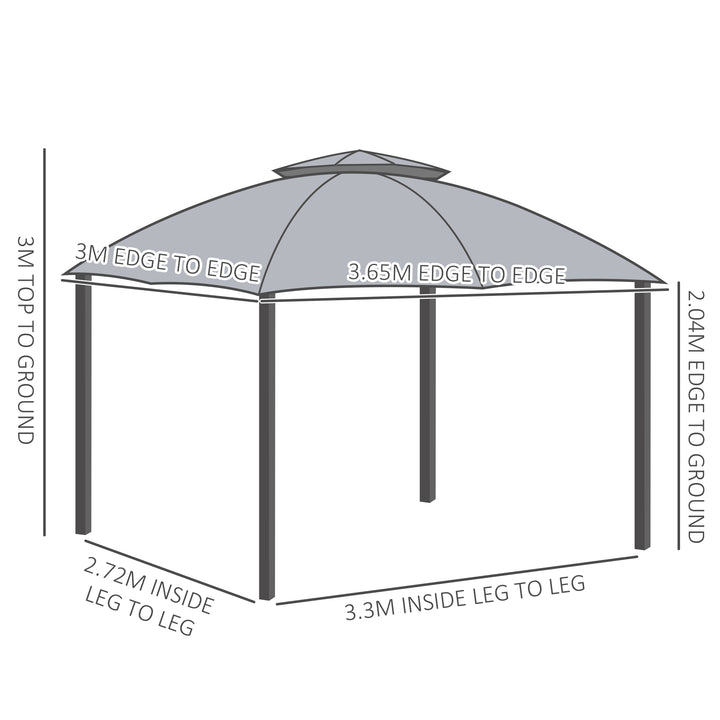 MCL 3.7 x 3(m) Metal Gazebo Canopy Party Tent Garden Patio Shelter with Netting Sidewalls & Double Tiered Roof, Grey