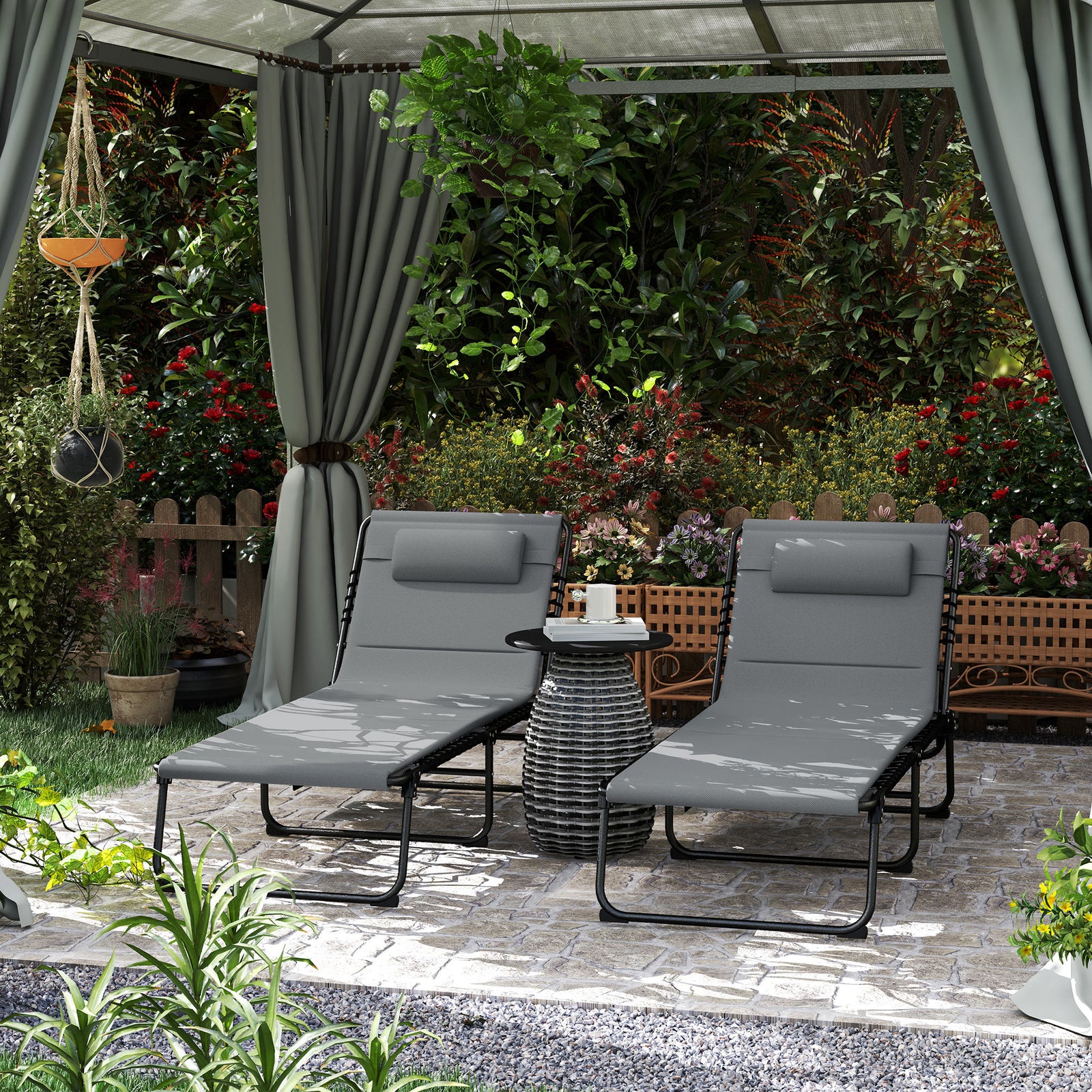 Set of Two Reclining Sun Loungers - Charcoal Grey