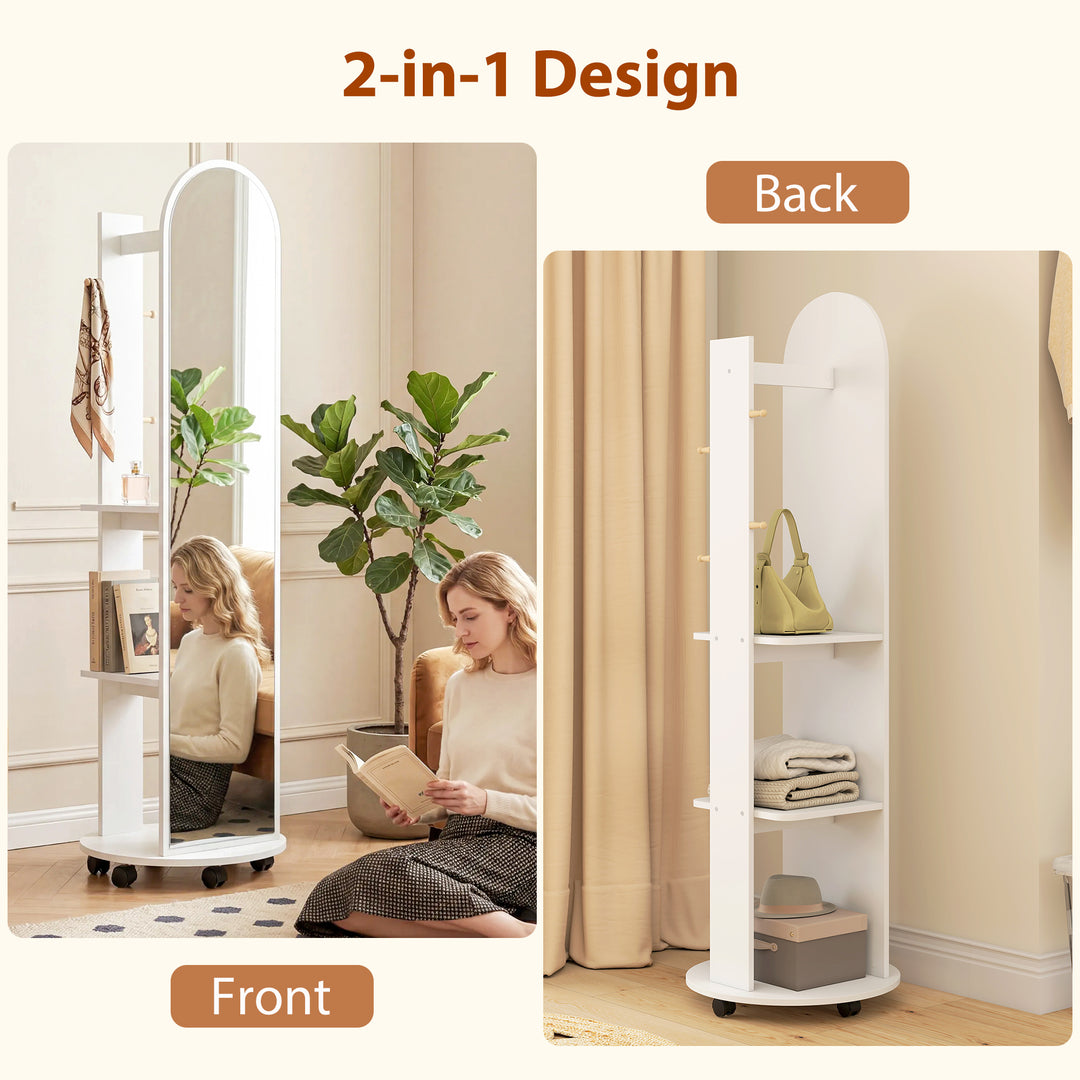 2-in-1 Full Length Mirror with Storage Shelves, Floor Mirror with 4 Wh