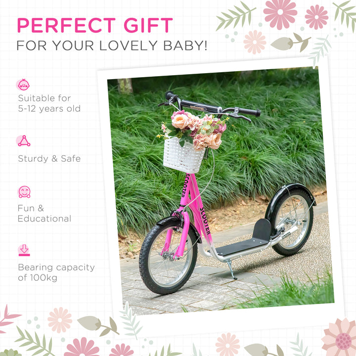 Kids Scooter, Kick Stunt Scooter with Adjustable Handlebar, Dual Brakes, Basket, Cupholder, Mudguard, 16" Inflatable Rubber Wheels, for 5-12 years, Pink
