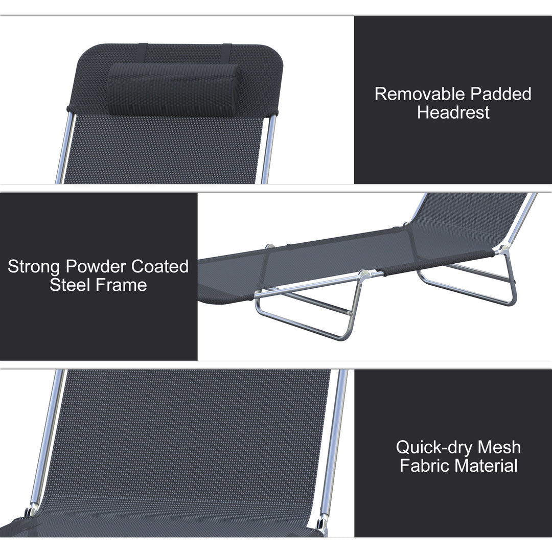 Outdoor Foldable Sun Lounger, Adjustable Backrest Garden Recliner Sun Lounger Chair with Headrest Pillow, Black