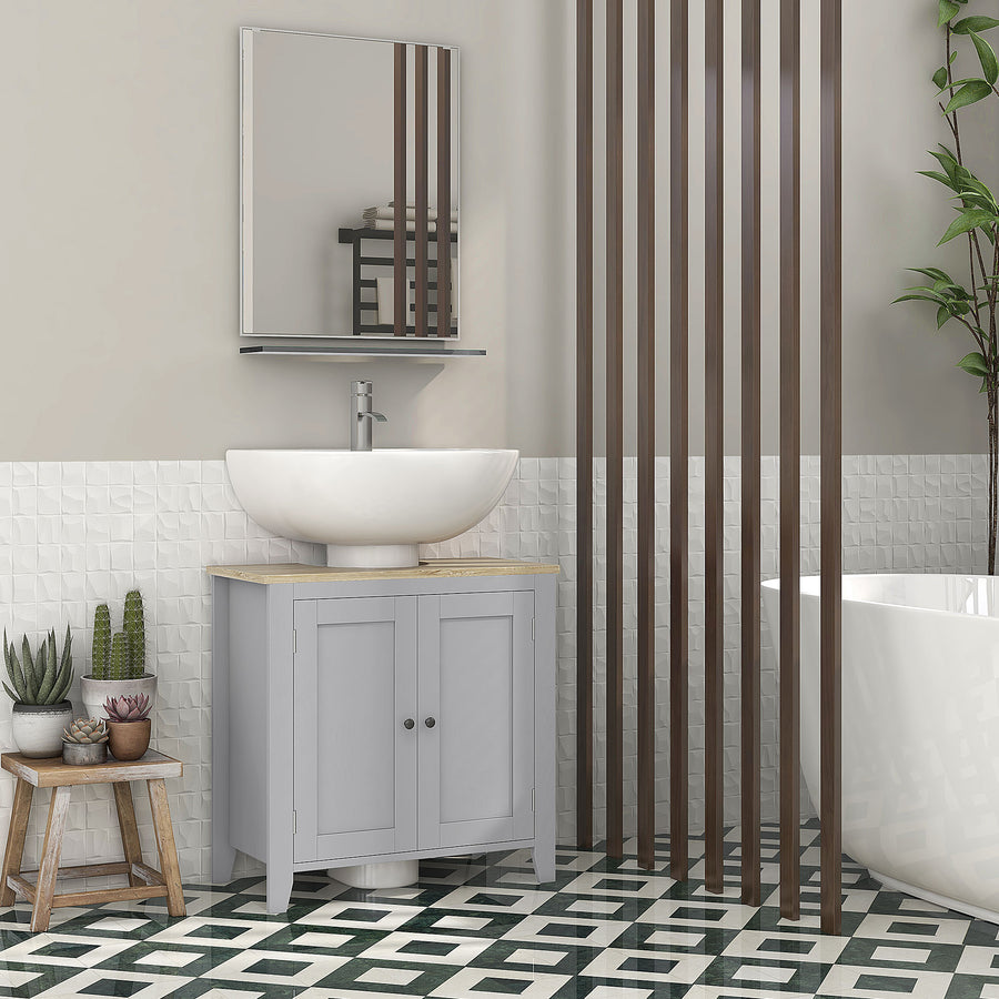 Under Sink Cabinet, Bathroom Sink Cabinet with 2 Doors, Pedestal Under Sink Design, Freestanding Bathroom Cupboard with Adjustable Shelf, Grey