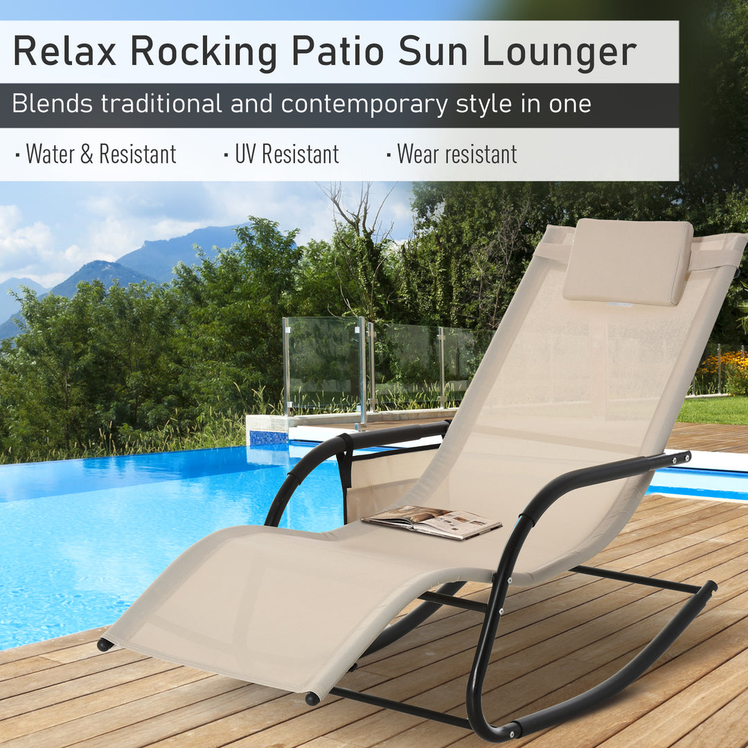 2PCs Outdoor Garden Rocking Chair, Patio Sun Lounger Rocker Chair with Breathable Mesh Fabric, Removable Headrest Pillow, Armrest, Side Storage Bag, Cream White