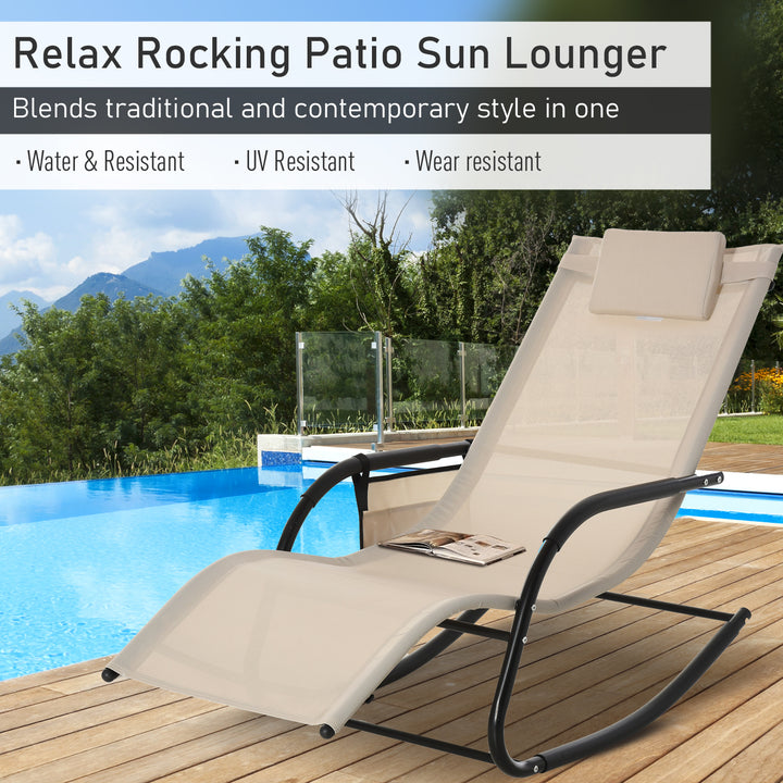 2PCs Outdoor Garden Rocking Chair, Patio Sun Lounger Rocker Chair with Breathable Mesh Fabric, Removable Headrest Pillow, Armrest, Side Storage Bag, Cream White