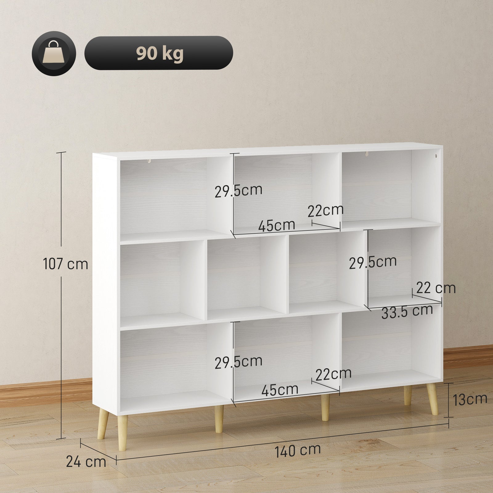 10-Cube Bookcase, 3-Tier Book Shelf with Solid Wood Legs, 140 cm Moder