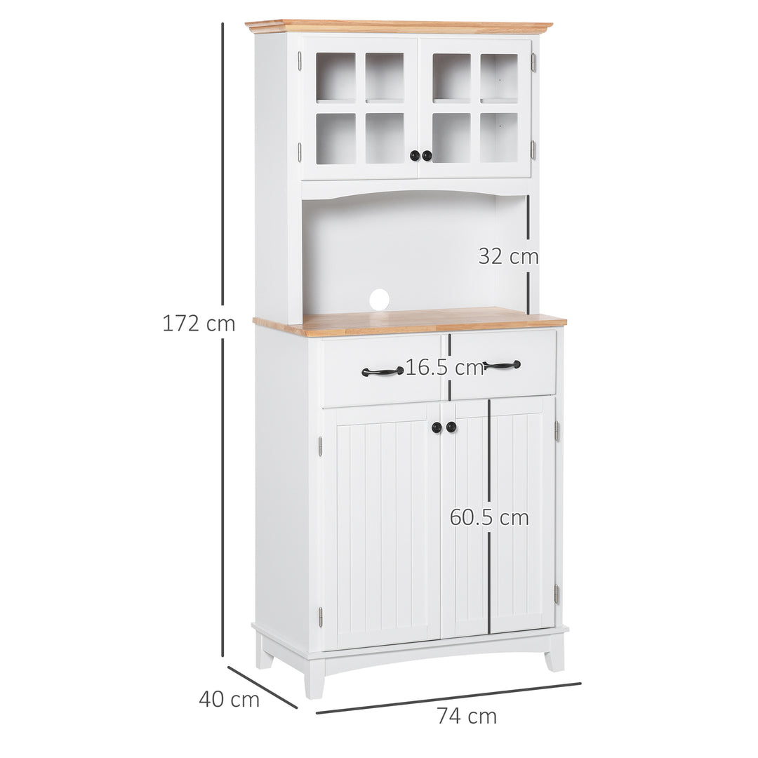 Freestanding Kitchen Cupboard, Kitchen Storage Cabinet with Framed Glass Doors, 2 Drawers, Microwave Counter, White