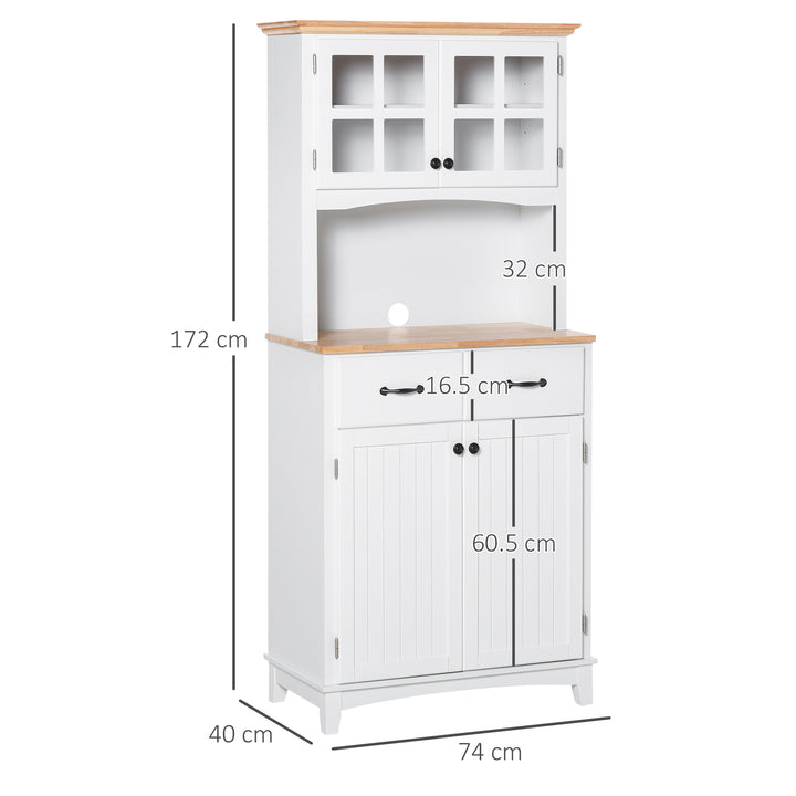 Freestanding Kitchen Cupboard, Kitchen Storage Cabinet with Framed Glass Doors, 2 Drawers, Microwave Counter, White