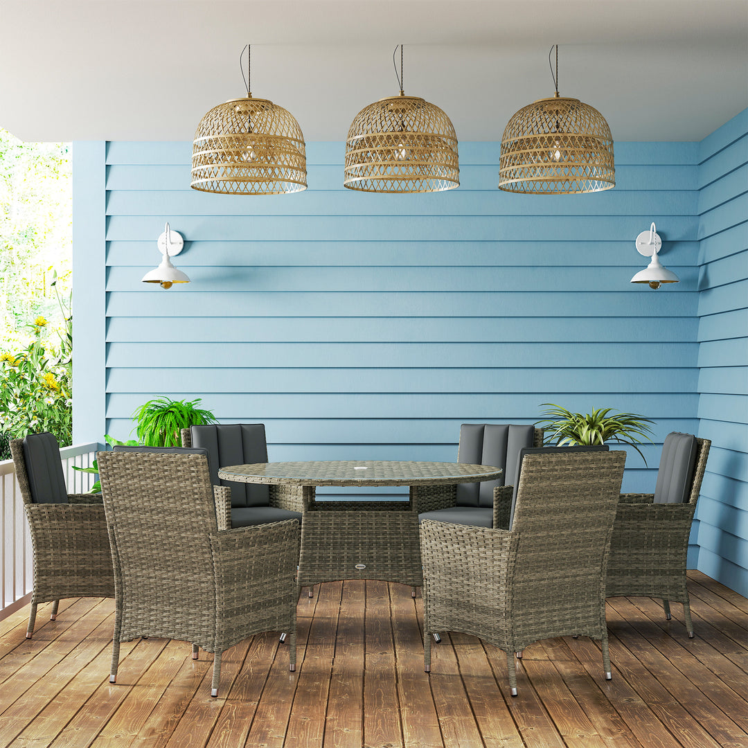 Seven-Piece Rattan Dining Table, with Round Glass-Top Table - Light Grey