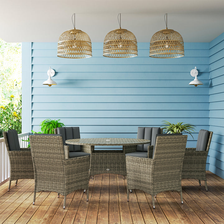 Seven-Piece Rattan Dining Table, with Round Glass-Top Table - Light Grey