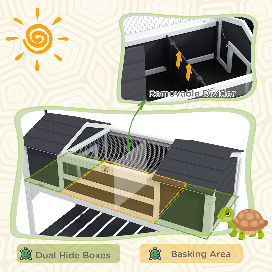 Wooden Tortoise Enclosure w/ Adjustable Lamp Holder, Openable Lid, Dual Main Houses, Storage Shelf, Fixed Tray - Grey