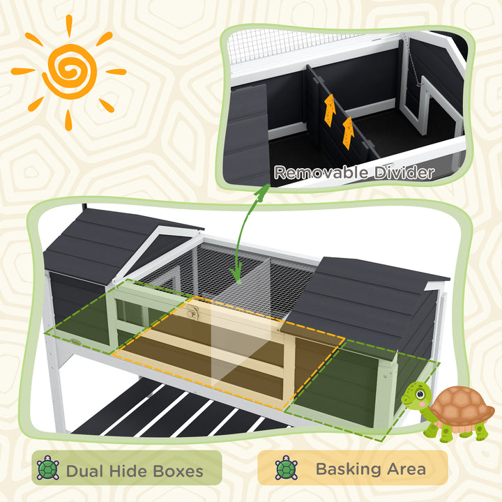 Wooden Tortoise Enclosure w/ Adjustable Lamp Holder, Openable Lid, Dual Main Houses, Storage Shelf, Fixed Tray - Grey