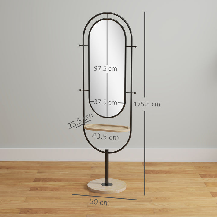 Oval Full Length Mirror with Wooden Tray and 4 Hooks - Black