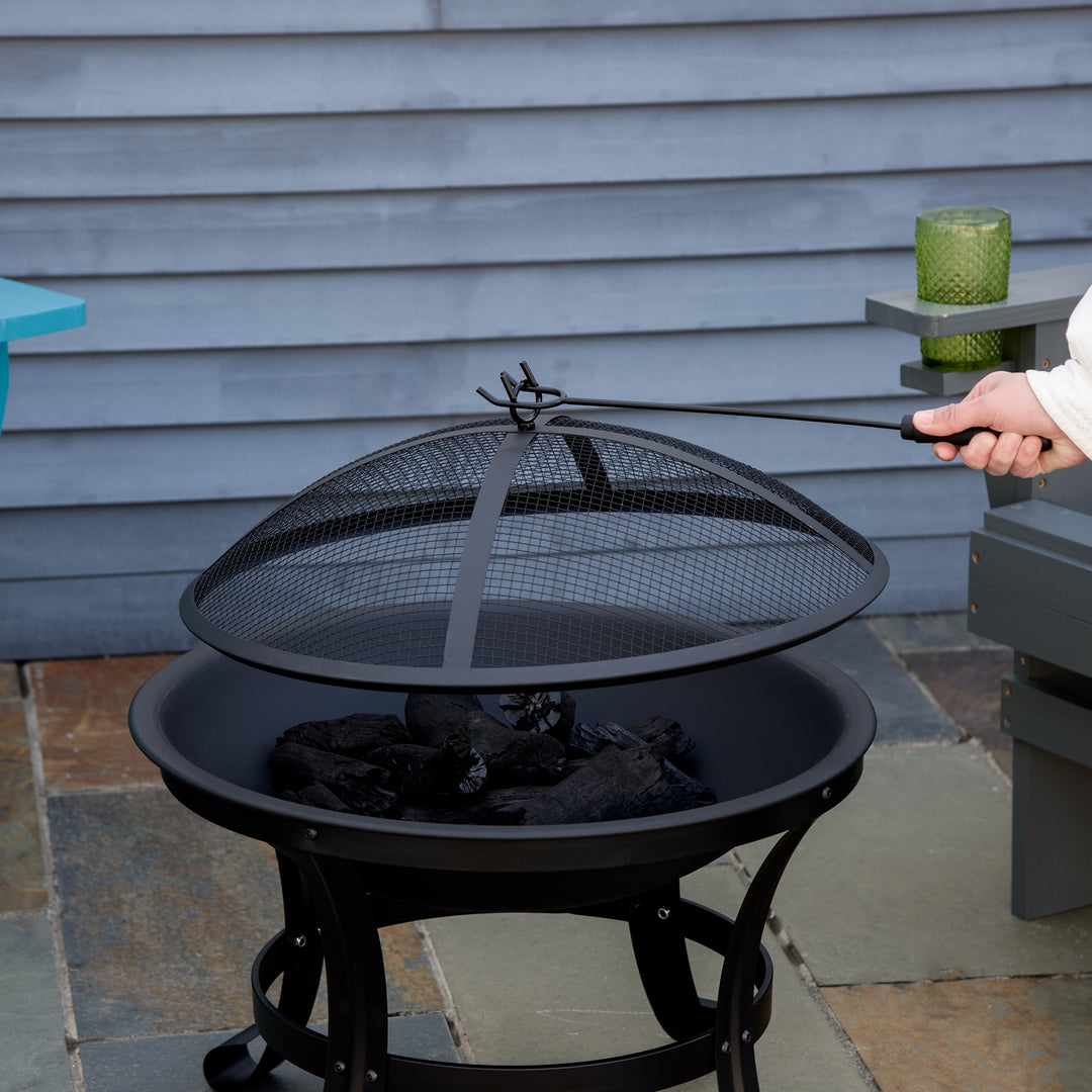 Outdoor Fire Pit, Firepit with Mesh Lid, Poker, for Camping, Bonfire, 