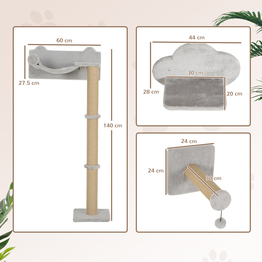 4-Piece Cat Shelves w/ Scratching Post, Steps, Jumping Platform, Ladder, Toy Balls, for Indoor Cats, Light Grey