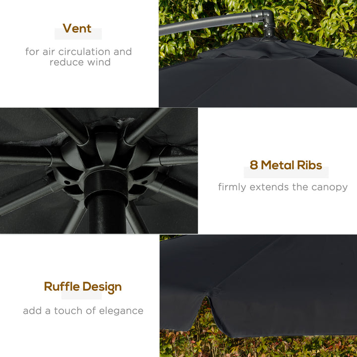 2.7m Garden Banana Parasol Cantilever Umbrella with Crank Handle and Cross Base for Outdoor, Hanging Sun Shade, Black