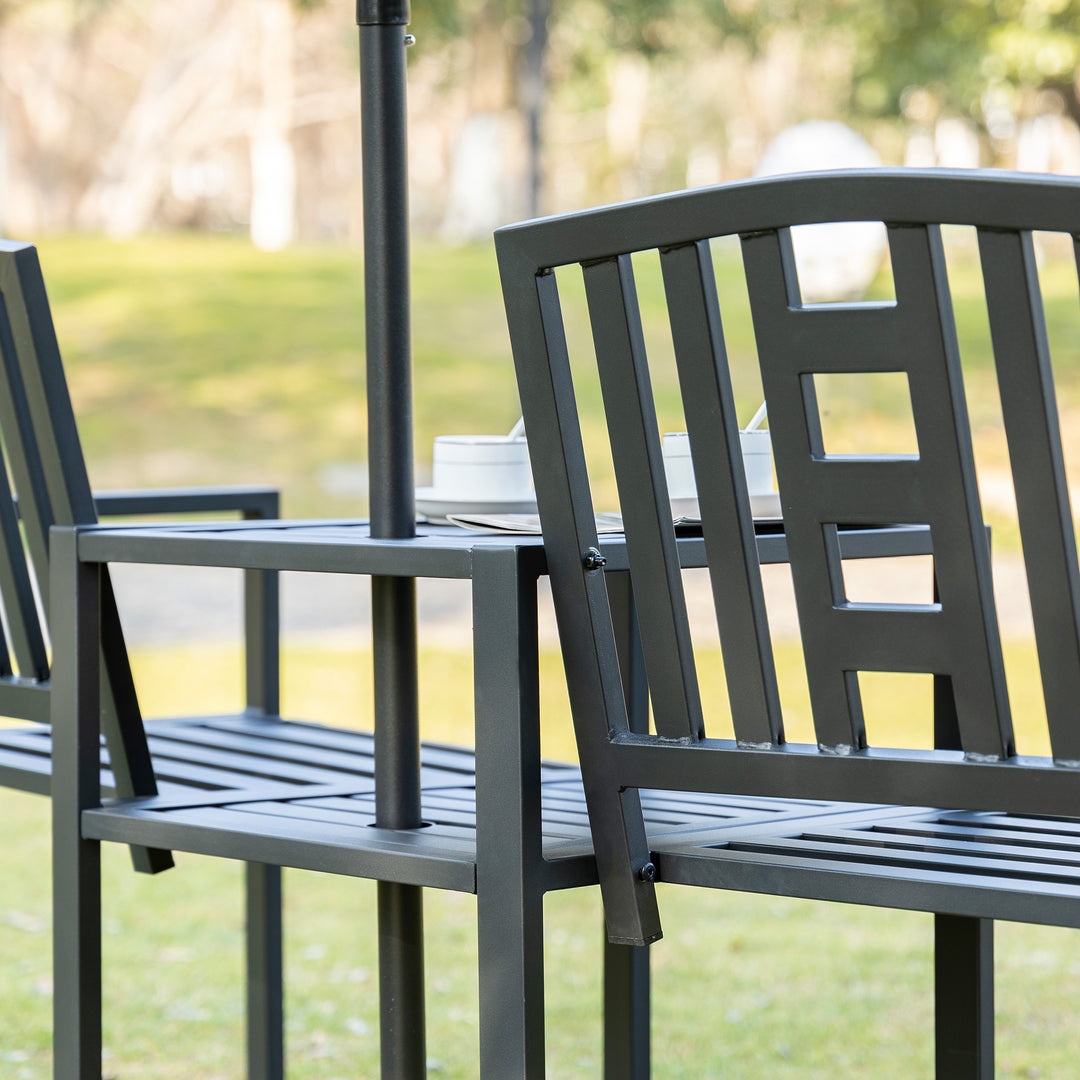 2 Seat Garden Chair Bench Loveseats Jack and Jill Seat w/Coffee Table Slatted Design Patio Yard