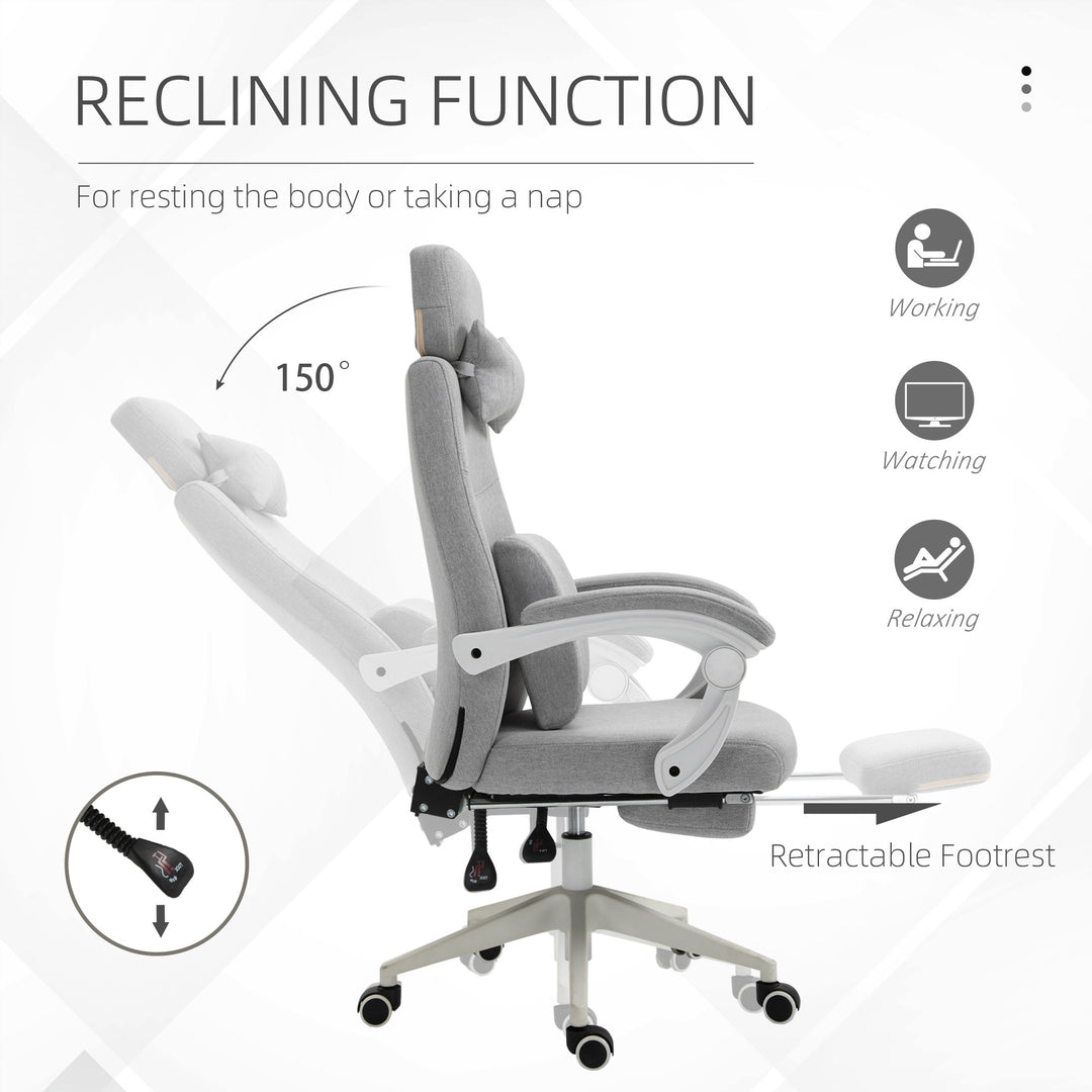 Office Chair, Ergonomic Desk Chair, High Back Fabric Work Chair with 160° Reclining Backrest, Retractable Footrest, Neck and Lumbar Pillow for Home and Study, Grey