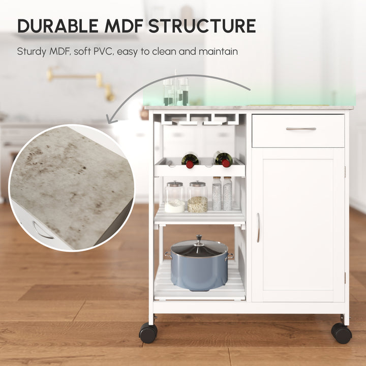 Compact Kitchen Trolley Utility Cart on Wheels with Wine Rack, Drawer, Open Shelf and Storage Cabinet for Dining Room, White