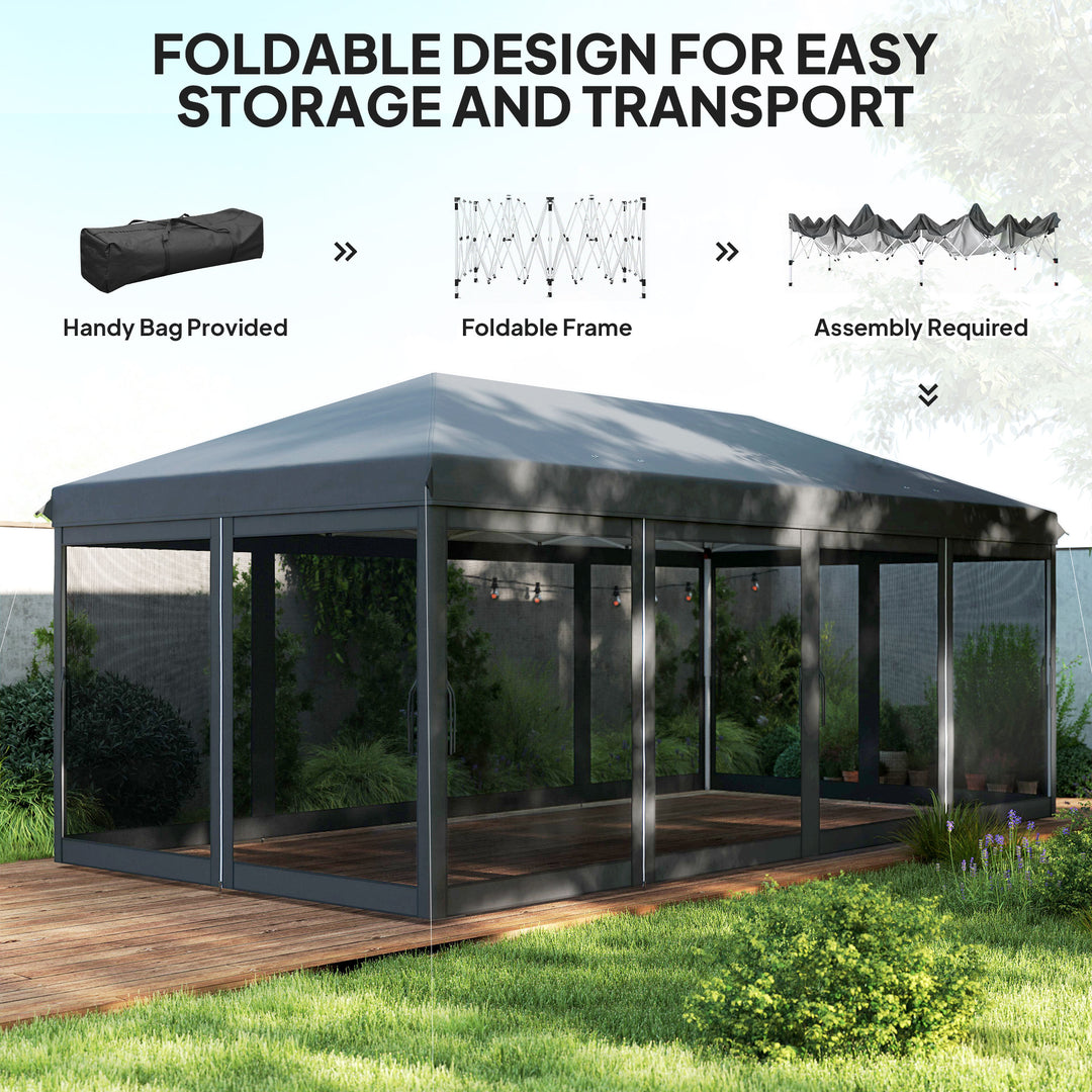 3 x 6m Pop Up Gazebo, Outdoor Canopy Shelter, Marquee Party Wedding Tent with 6 Mesh Walls and Carry Bag, Black