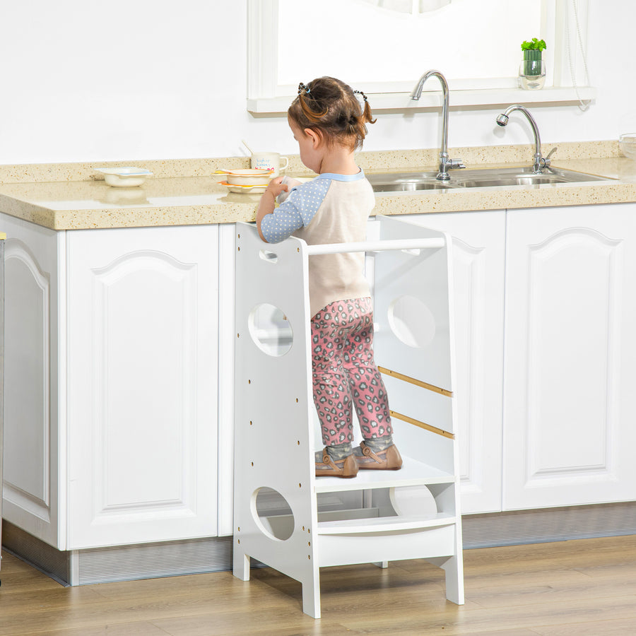 Toddler Step Stool Kids Adjustable Standing Tower with Safety Rail for Kitchen Counter White