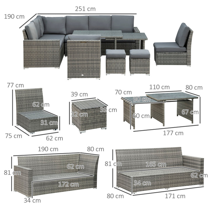 Seven-Piece Rattan Garden Sofa Set, with Expanding Table - Grey