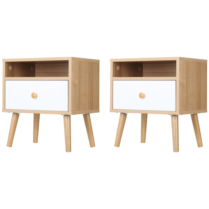 HOMCOM Pair of Natural Bedside Tables with Drawer and Shelf, Contemporary Nightstands, End Tables for Bedroom, Living Room, Natural. | Aosom UK