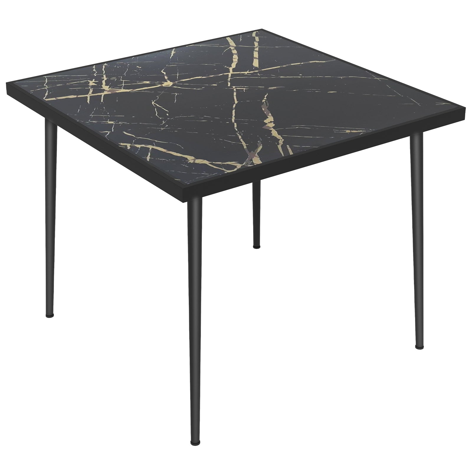 Square Garden Table, Outdoor Dining Table for 4 with Marble Effect Tempered Glass Top and Steel Frame for Patio, Black
