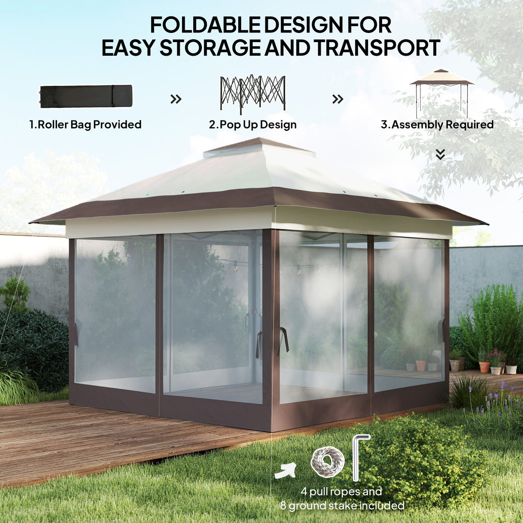 3.6 x 3.6 m Pop up Gazebo with Netting, Height Adjustable Party Tent Instant Canopy Sun Shade Shelter, Khaki