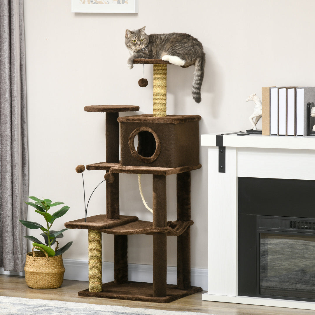 PawHut 136cm Cat Tree for Indoor Cats, Modern Cat Tower with Scratching Posts, house, Platforms, Toy Ball - Brown | Aosom UK