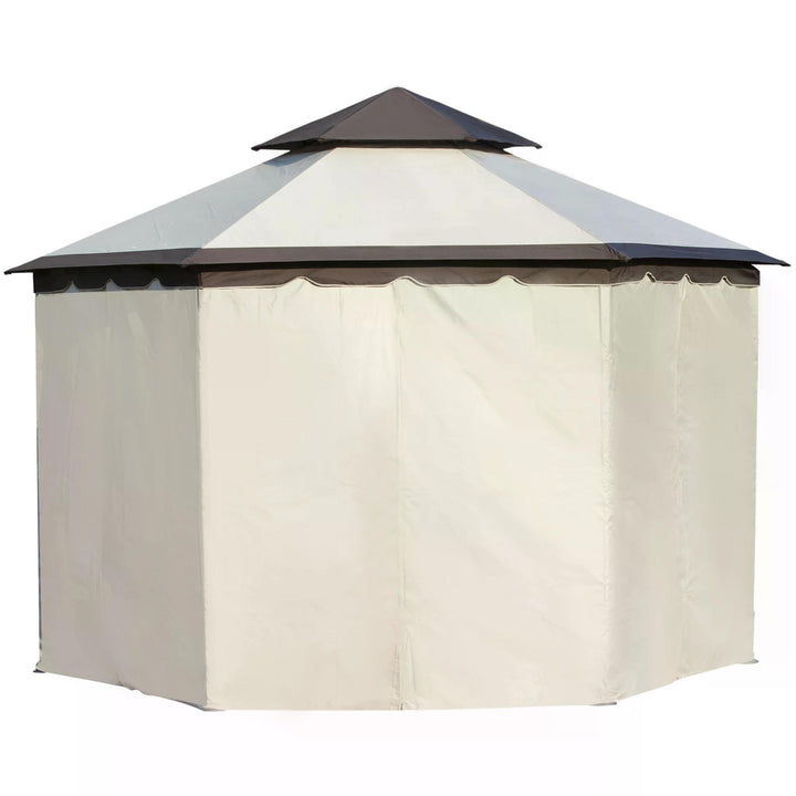 Outsunny 3.4m Steel Gazebo Canopy Party Tent Garden Pavilion Patio Shelter with Curtains & 2 Tier Roof, Beige