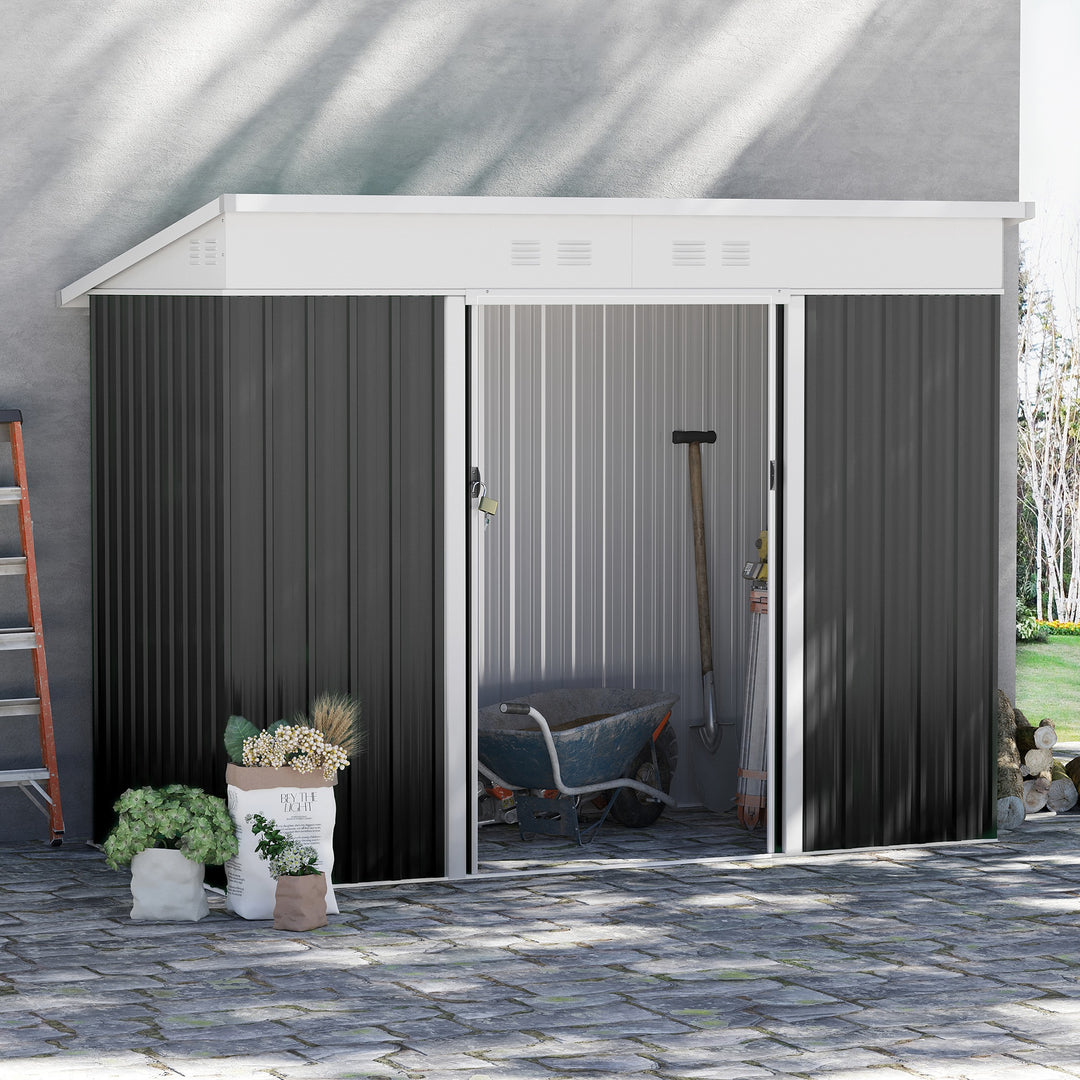 7.6 x 4.3ft Garden Storage Shed with Lockable Sliding Doors and Ventilation, Metal Garden Tool Storage House, Dark Grey