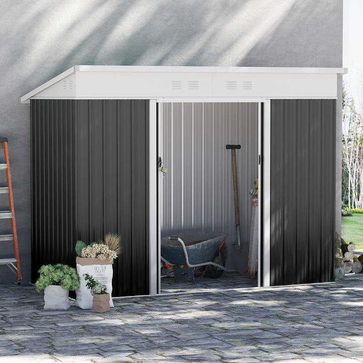 7.6 x 4.3ft Garden Storage Shed with Lockable Sliding Doors and Ventilation, Metal Garden Tool Storage House, Dark Grey