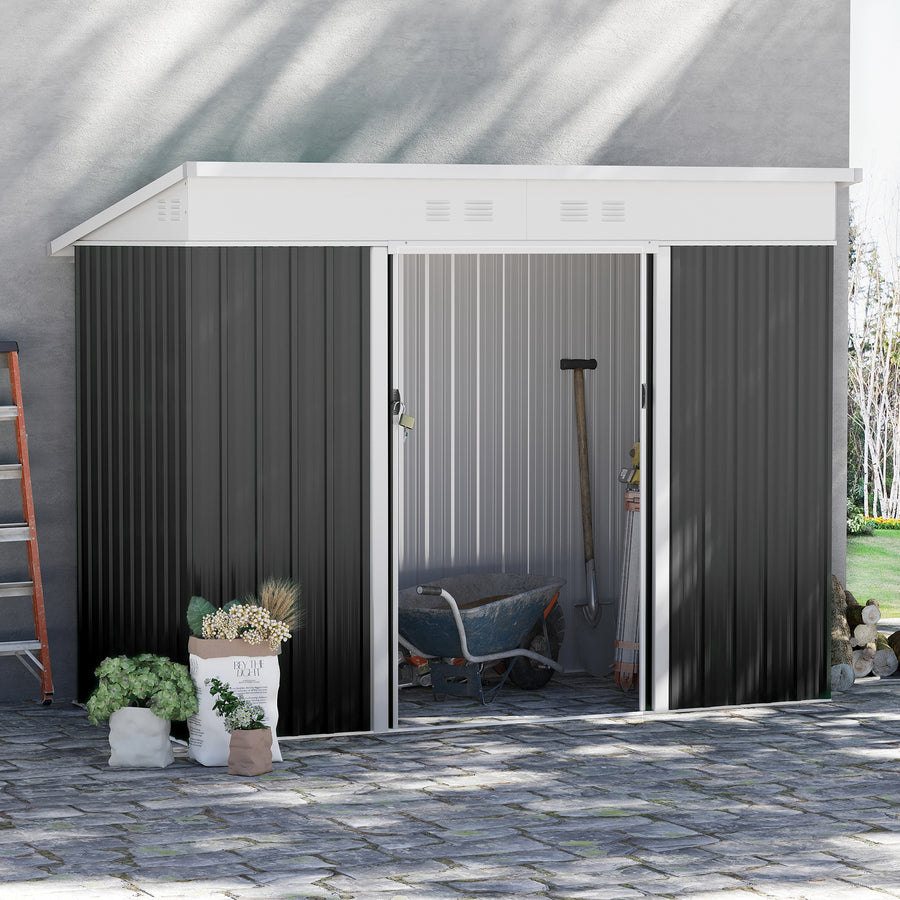 7.6 x 4.3ft Garden Storage Shed with Lockable Sliding Doors and Ventilation, Metal Garden Tool Storage House, Dark Grey