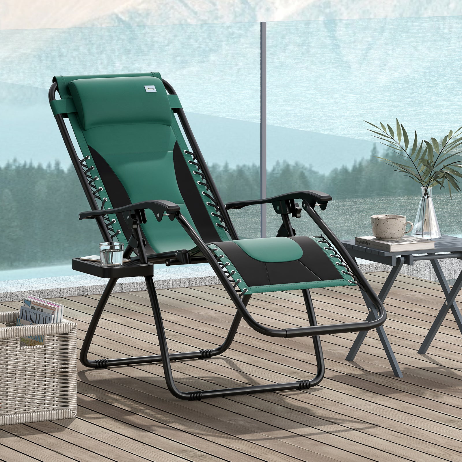 Zero Gravity Lounger Chair, Folding Reclining Patio Chair with Padded Seat, Cup Holder, Soft Cushion and Headrest for Poolside, Camping, Green