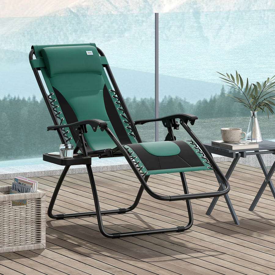 Zero Gravity Lounger Chair, Folding Reclining Patio Chair with Padded Seat, Cup Holder, Soft Cushion and Headrest for Poolside, Camping, Green