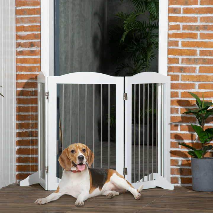 PawHut Foldable Dog Gate, Wooden Freestanding Pet Gate with 2 Support Feet, Dog Barrier for Doorways, Stairs, Halls - White | Aosom UK